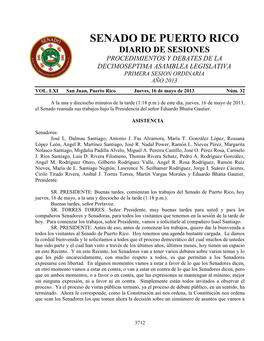Senado De Puerto Rico Diario De Sesiones Procedimientos Y Debates De La Decimoseptima Asamblea Legislativa Primera Sesion Ordinaria Año 2013 Vol
