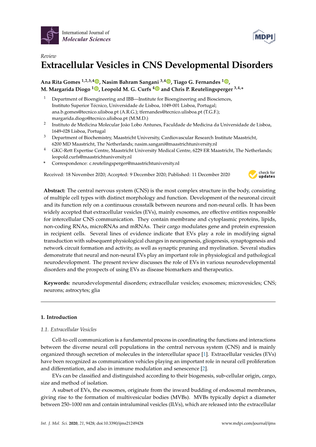 Extracellular Vesicles in CNS Developmental Disorders