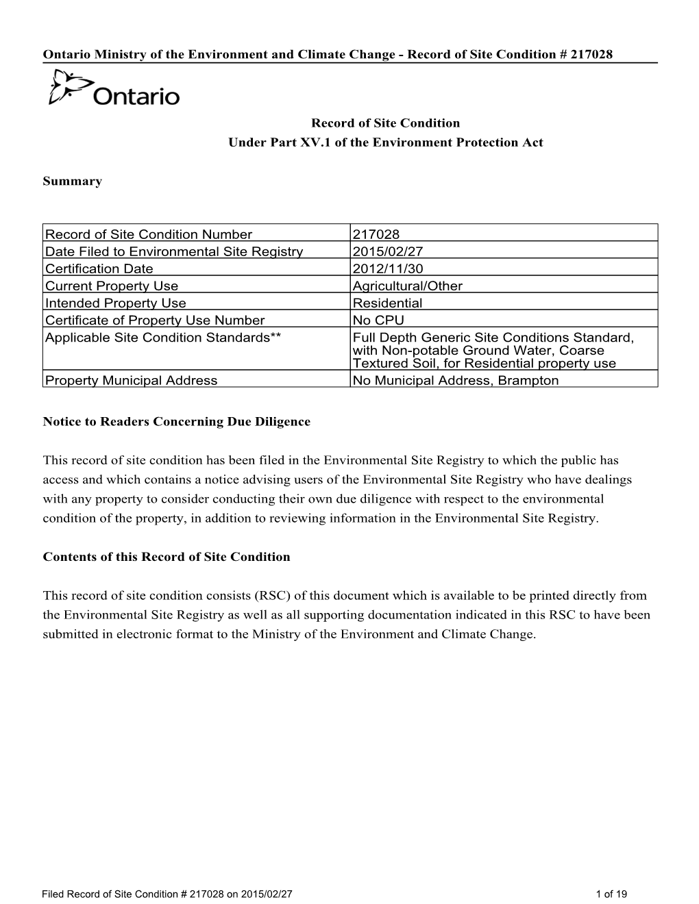 Ontario Ministry of the Environment and Climate Change - Record of Site Condition # 217028