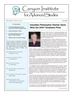 Canadian Philosopher Charles Taylor Wins the 2007 Templeton Prize