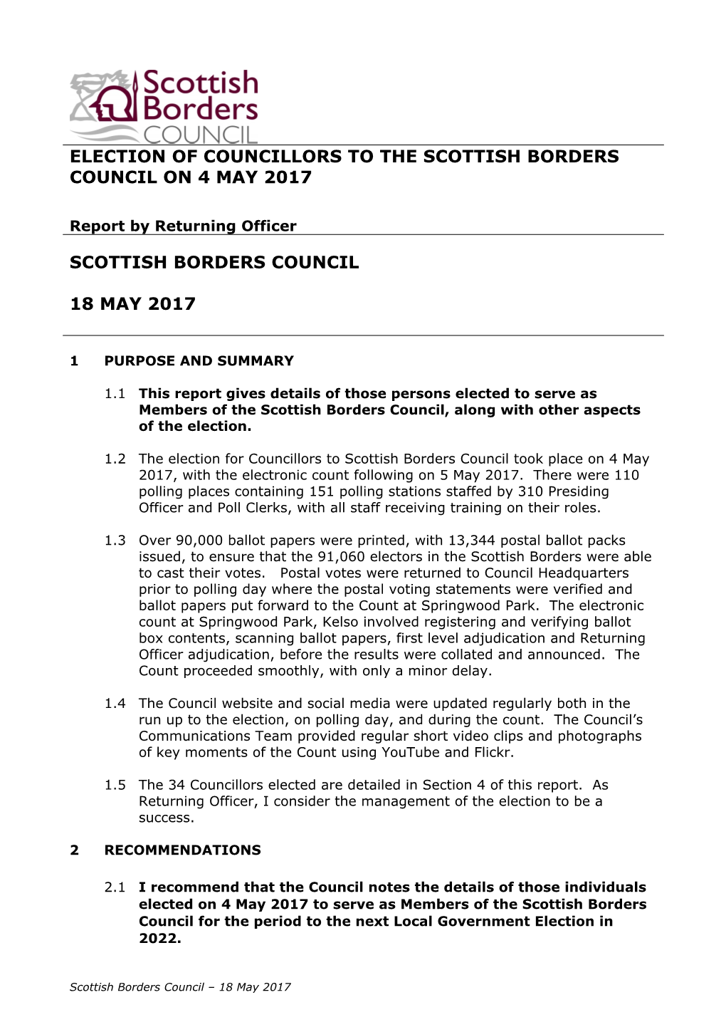 Election of Councillors to the Scottish Borders Council on 4 May 2017