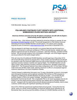 Psa Airlines Continues Fleet Growth with Additional Bombardier Crj900 Nextgen Aircraft