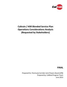 Caltrain / HSR Blended Service Plan Operations Considerations Analysis (Requested by Stakeholders)