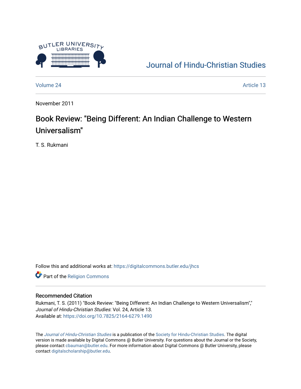 Book Review:" Being Different: an Indian Challenge to Western
