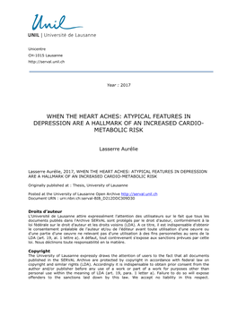 Atypical Features in Depression Are a Hallmark of an Increased Cardio- Metabolic Risk