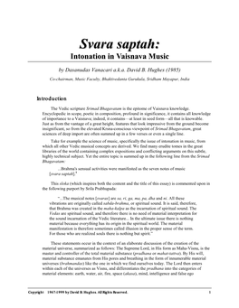 Svara Saptah: Intonation in Vaisnava Music David B