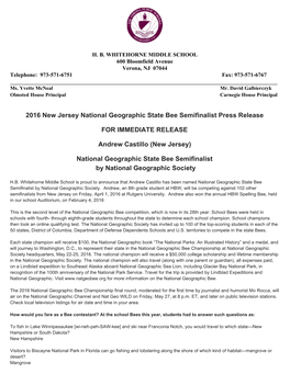 National Geographic State Bee Semifinalist Press Release