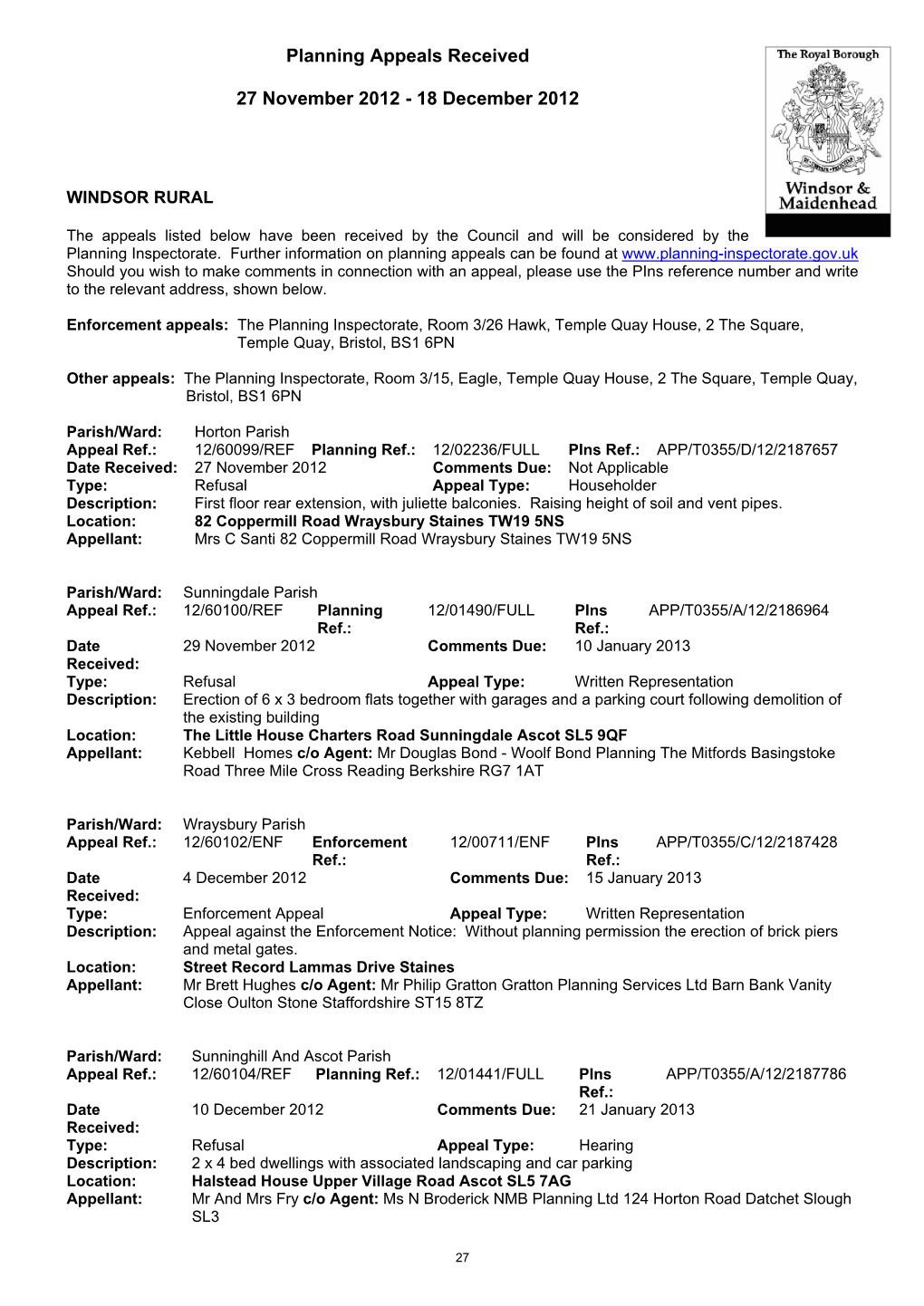 Planning Appeals Received 27 November 2012