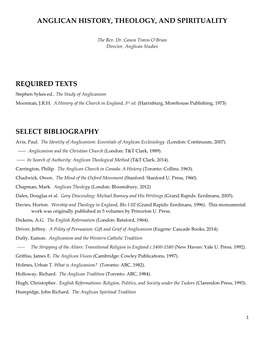 Anglican History, Theology, and Spirituality Required Texts Select Bibliography