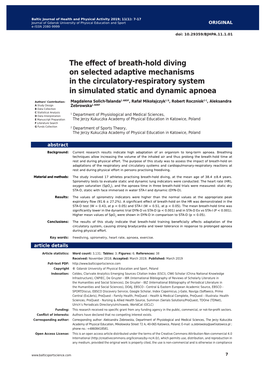 The Effect of Breath-Hold Diving on Selected Adaptive Mechanisms in the Circulatory-Respiratory System in Simulated Static and Dynamic Apnoea