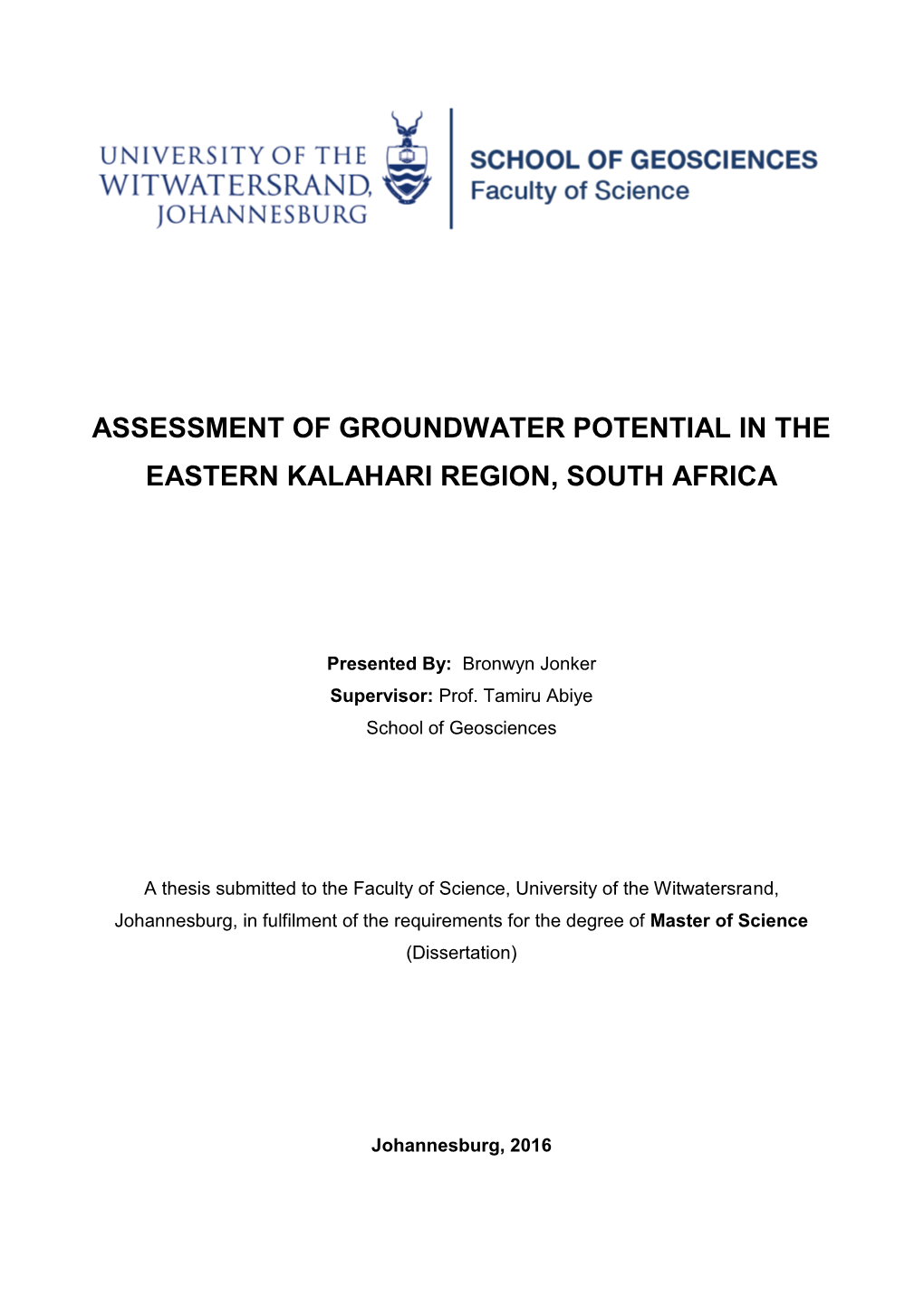 Assessment of Groundwater Potential in the Eastern Kalahari Region, South Africa
