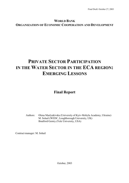 Private Sector Participation in the Water Sector in the Eca Region: Emerging Lessons