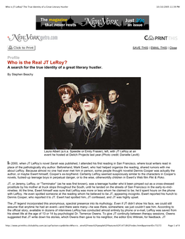 Who Is JT Leroy? the True Identity of a Great Literary Hustler 10/10/2005 11:39 PM