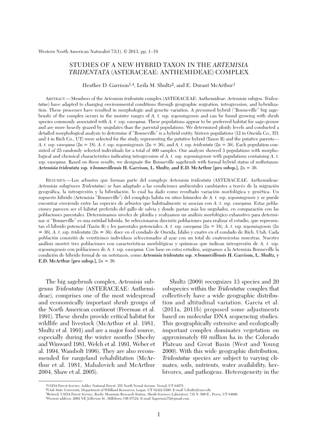 Studies of a New Hybrid Taxon in the Artemisia Tridentata (Asteraceae: Anthemideae) Complex