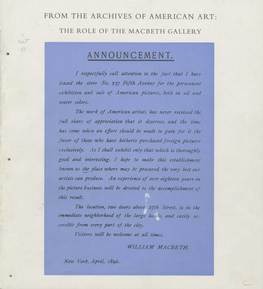 THE ROLE of the MACBETH GALLERY an Exhibition Organized and Circulated by the American Federation of Arts, October, 1962-May, 1963