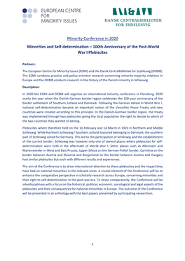 Minority-Conference in 2020 Minorities and Self-Determination – 100Th Anniversary of the Post-World War I Plebiscites