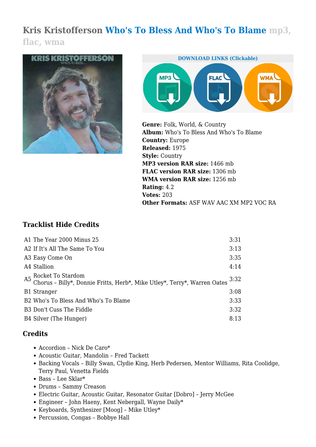 Kris Kristofferson Who's to Bless and Who's to Blame Mp3, Flac, Wma