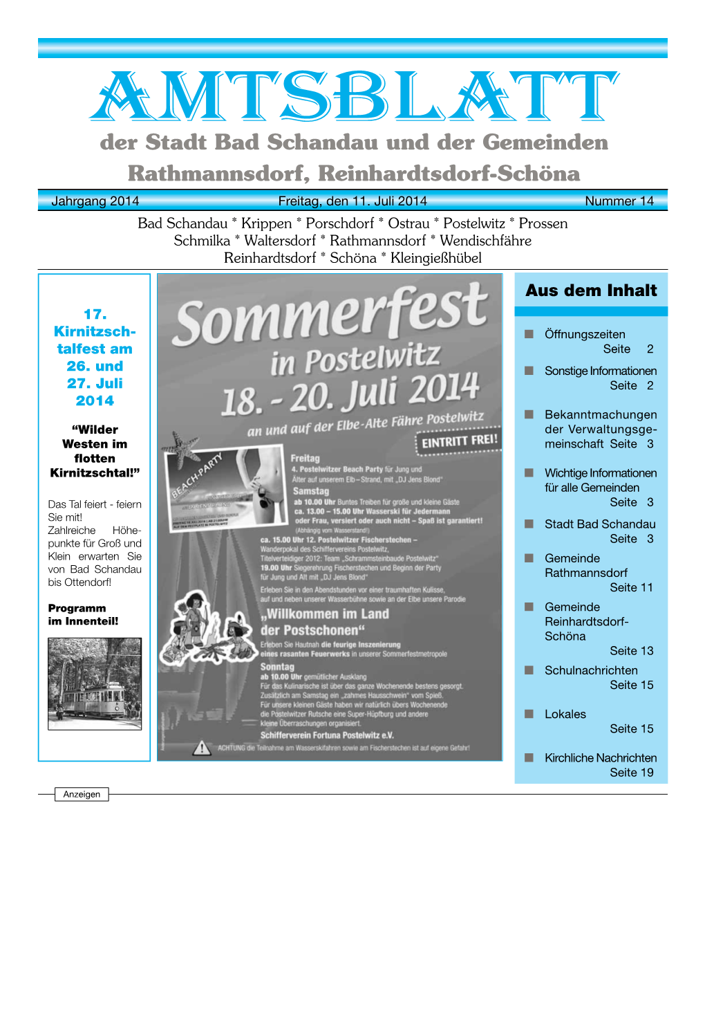 AMTSBLATT Der Stadt Bad Schandau Und Der Gemeinden Rathmannsdorf, Reinhardtsdorf-Schöna Jahrgang 2014 Freitag, Den 11