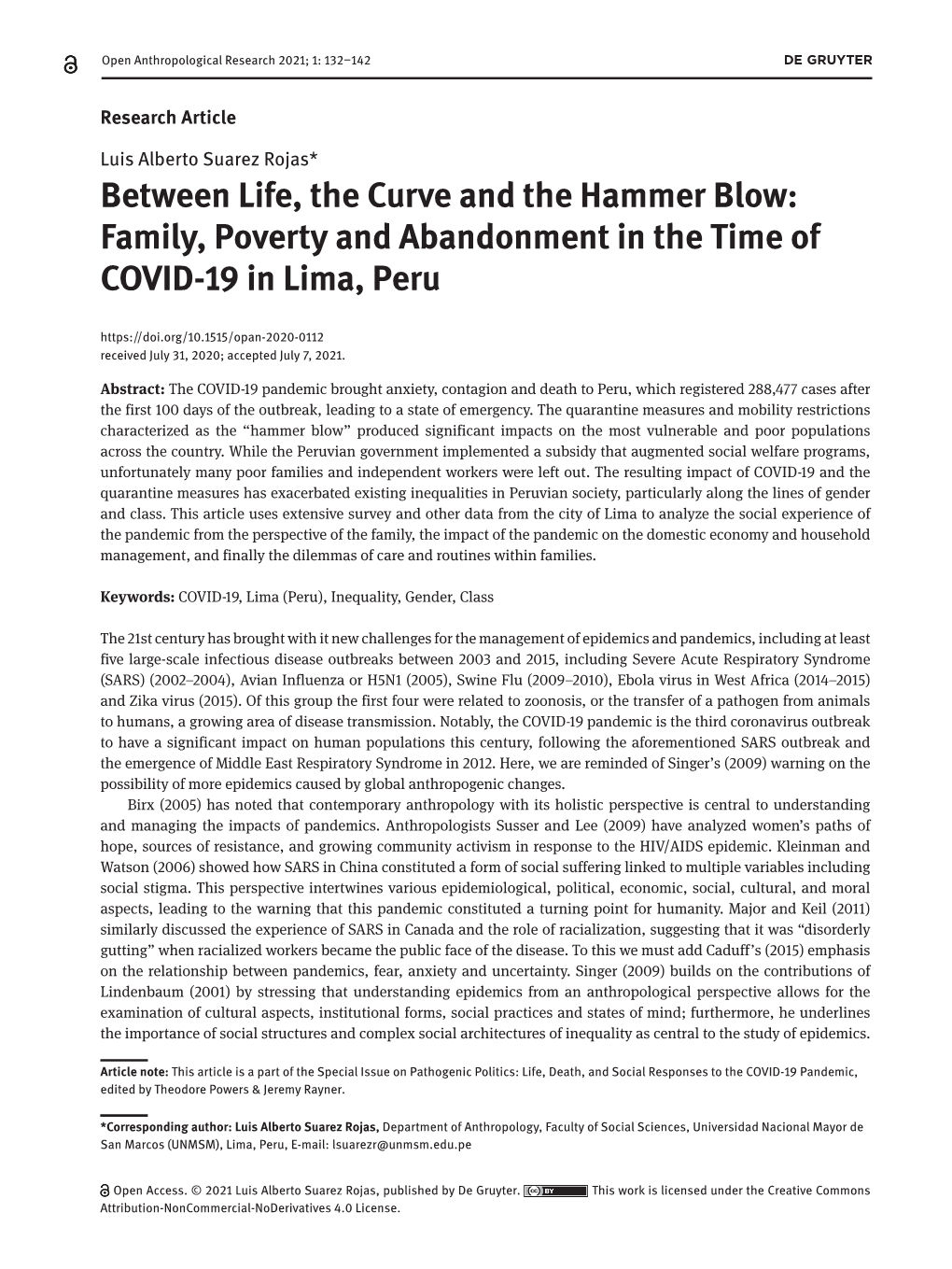 Family, Poverty and Abandonment in the Time of COVID-19 in Lima, Peru Received July 31, 2020; Accepted July 7, 2021