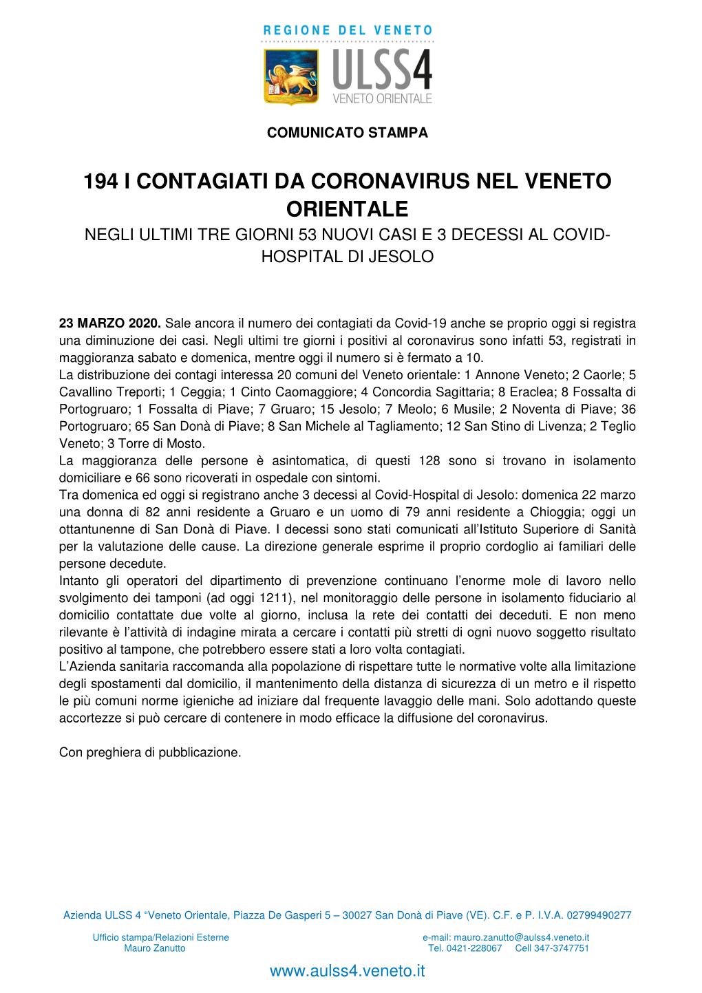 Coronavirus Al 23 Marzo