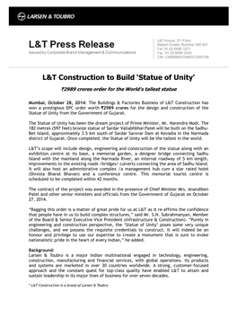 L&T Construction to Build 'Statue of Unity'