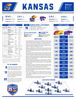 KANSAS STATE at #23 KANSAS SERIES at a GLANCE KU OPP Dillons Sunflower Showdown Date Rnk Rnk Opponent TV Time/Result OVERALL TIED, 1-1-0 AUGUST (3-0-0) Lawrence, Kan