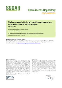 Challenges and Pitfalls of Resettlement Measures: Experiences in the Pacific Region Boege, Volker