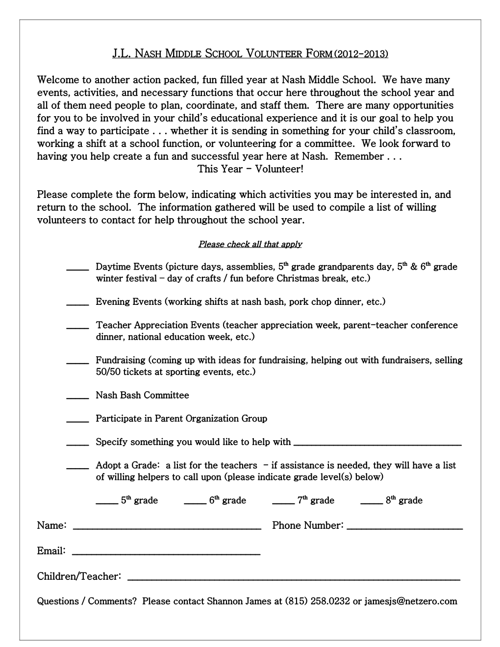 J.L. Nash Middle School Volunteer Form (2012-2013)