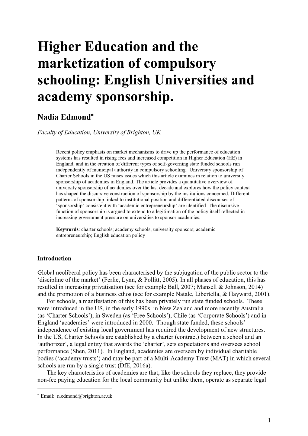 English Universities and Academy Sponsorship