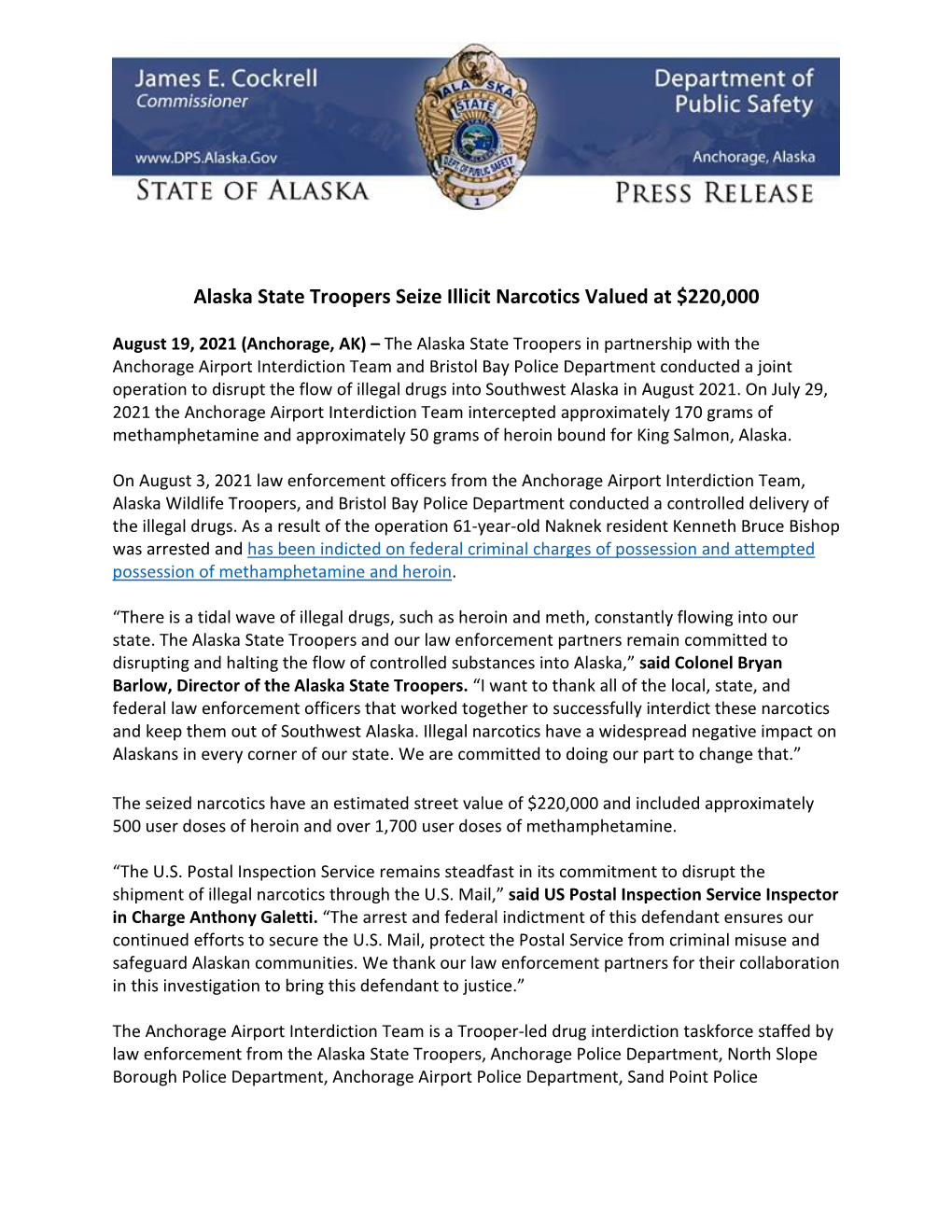 Alaska State Troopers Seize Illicit Narcotics Valued at $220,000