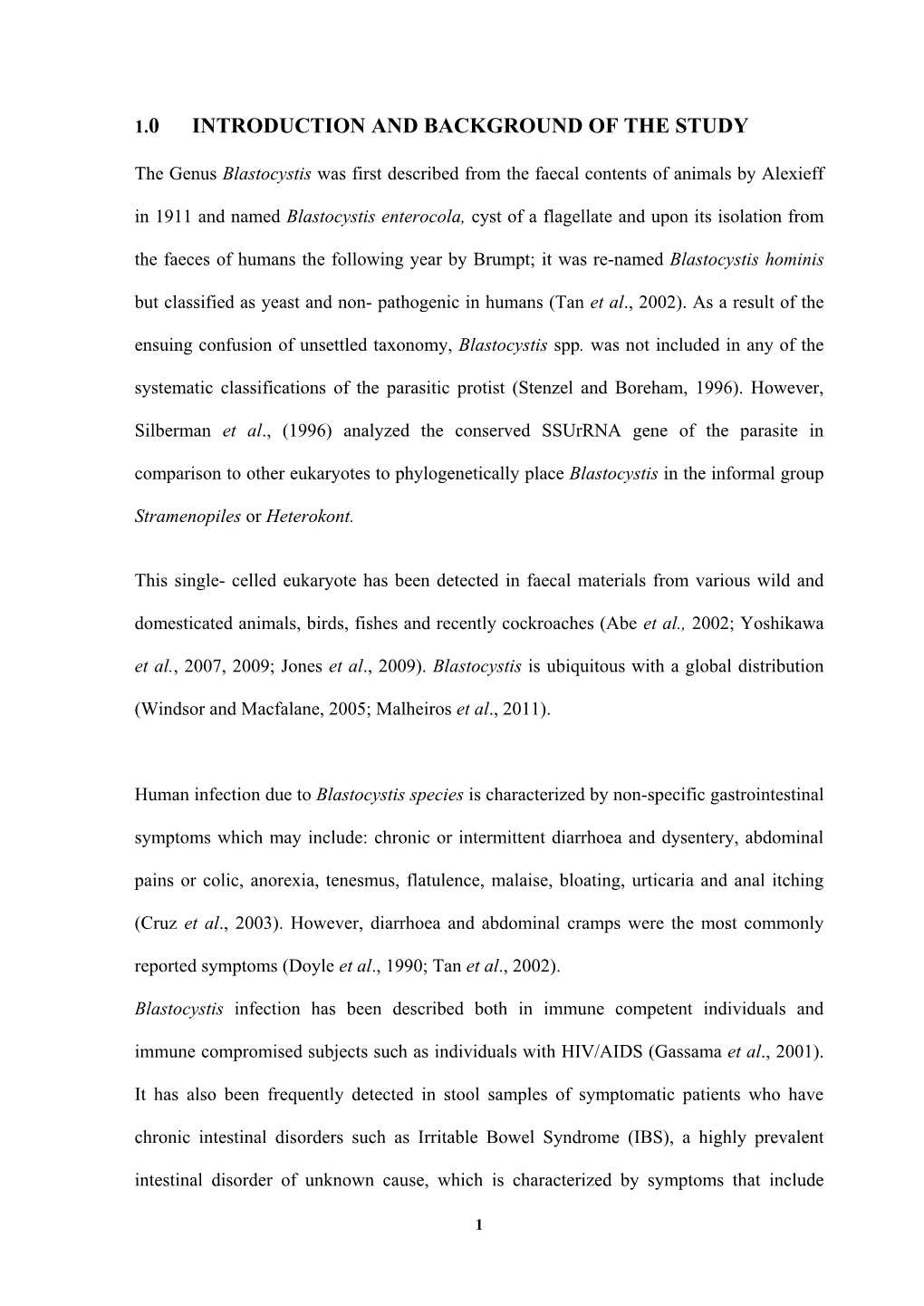 Studies of Prevalence and Subtypes of Blastocystis Species in Lagos