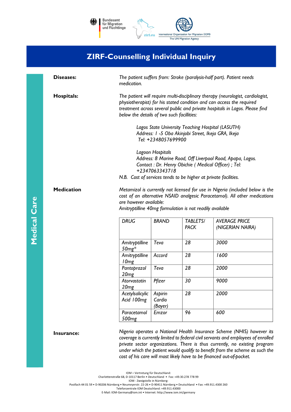 ZIRF-Counselling Individual Inquiry Medical C