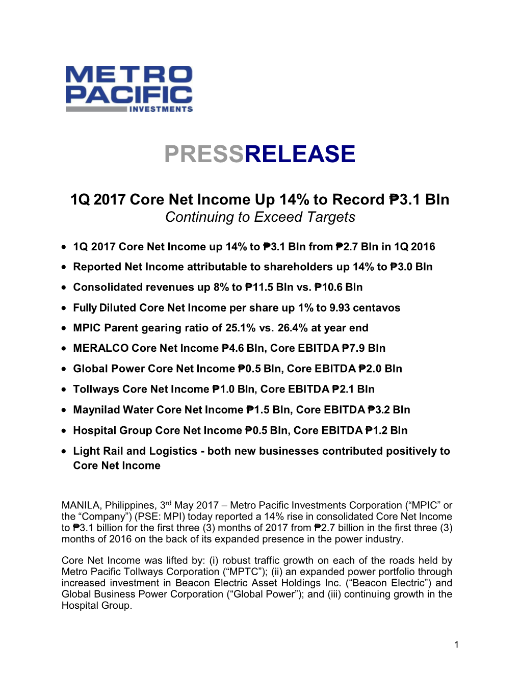 Q1 2017 Press Release and FS