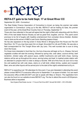 REFA-CT Gala to Be Held Sept. 17 at Great River CC