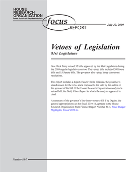Vetoes of Legislation 81St Legislature