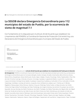 La SEGOB Declara Emergencia Extraordinaria Para 112 Municipios Del Estado De Puebla, Por La Ocurrencia De Sismo De Magnitud 7.1