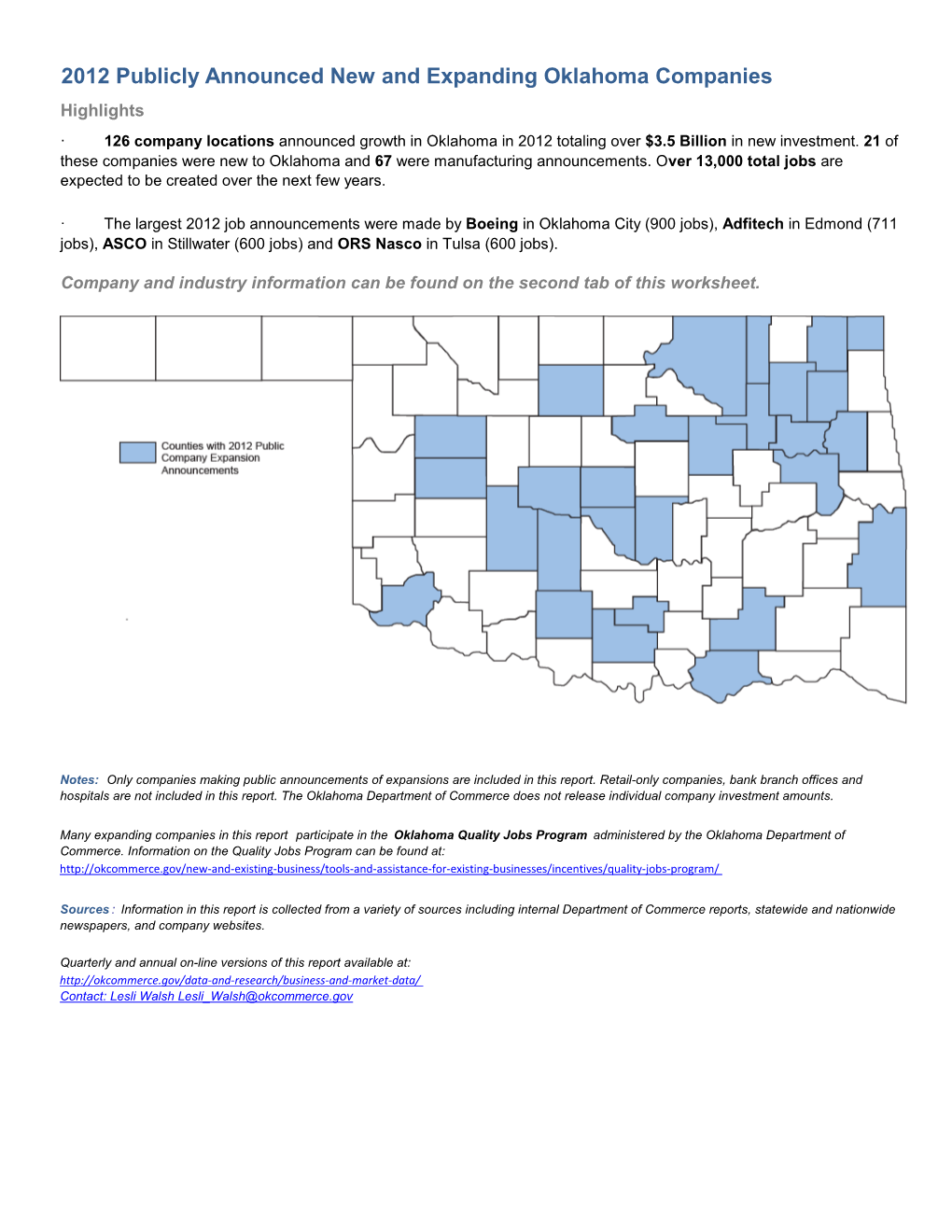 2012 Publicly Announced New and Expanding Oklahoma Companies