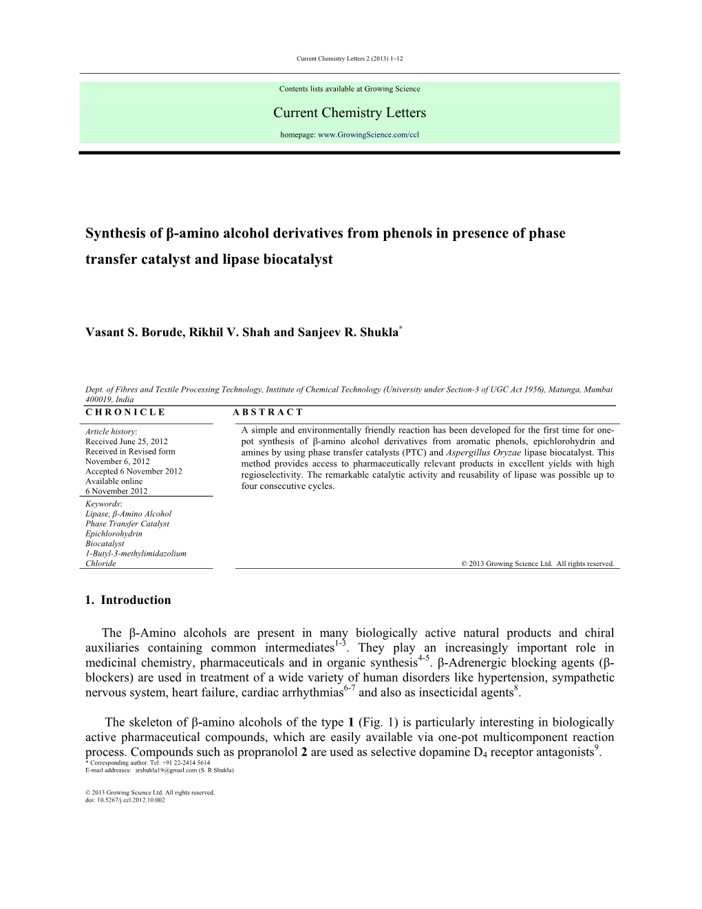 Current Chemistry Letters Synthesis of Β-Amino Alcohol Derivatives from Phenols in Presence of Phase Transfer Catalyst And