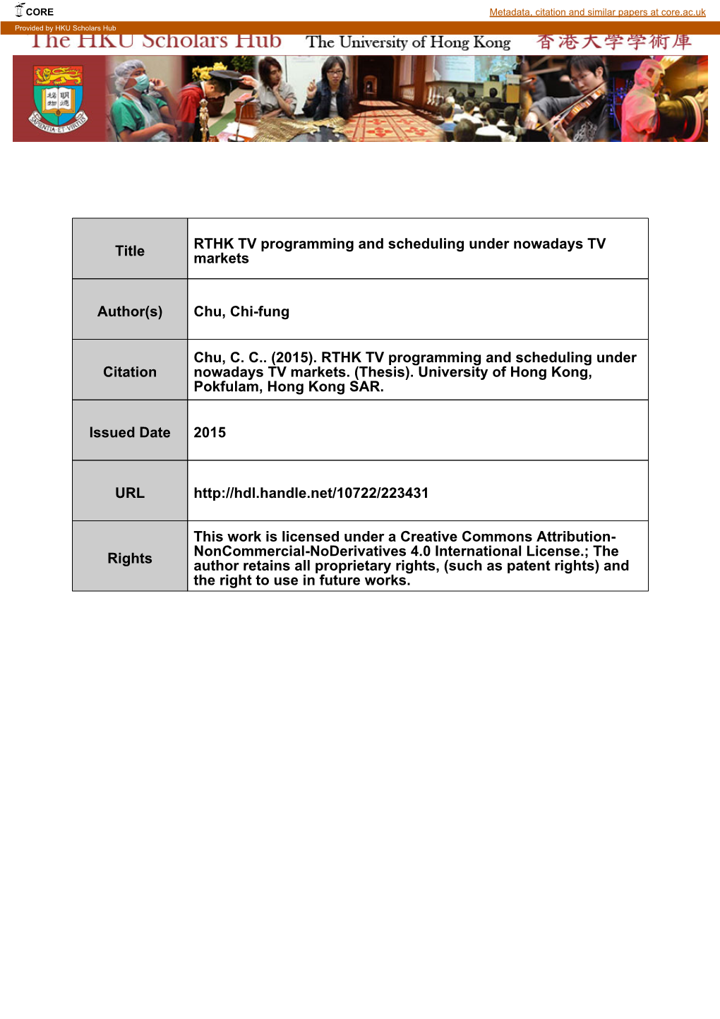 Title RTHK TV Programming and Scheduling Under Nowadays TV