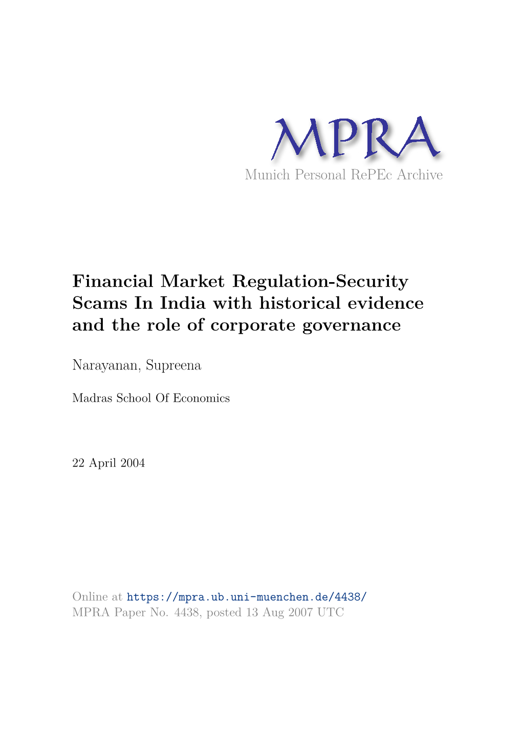 Financial Market Regulation-Security Scams in India with Historical Evidence and the Role of Corporate Governance