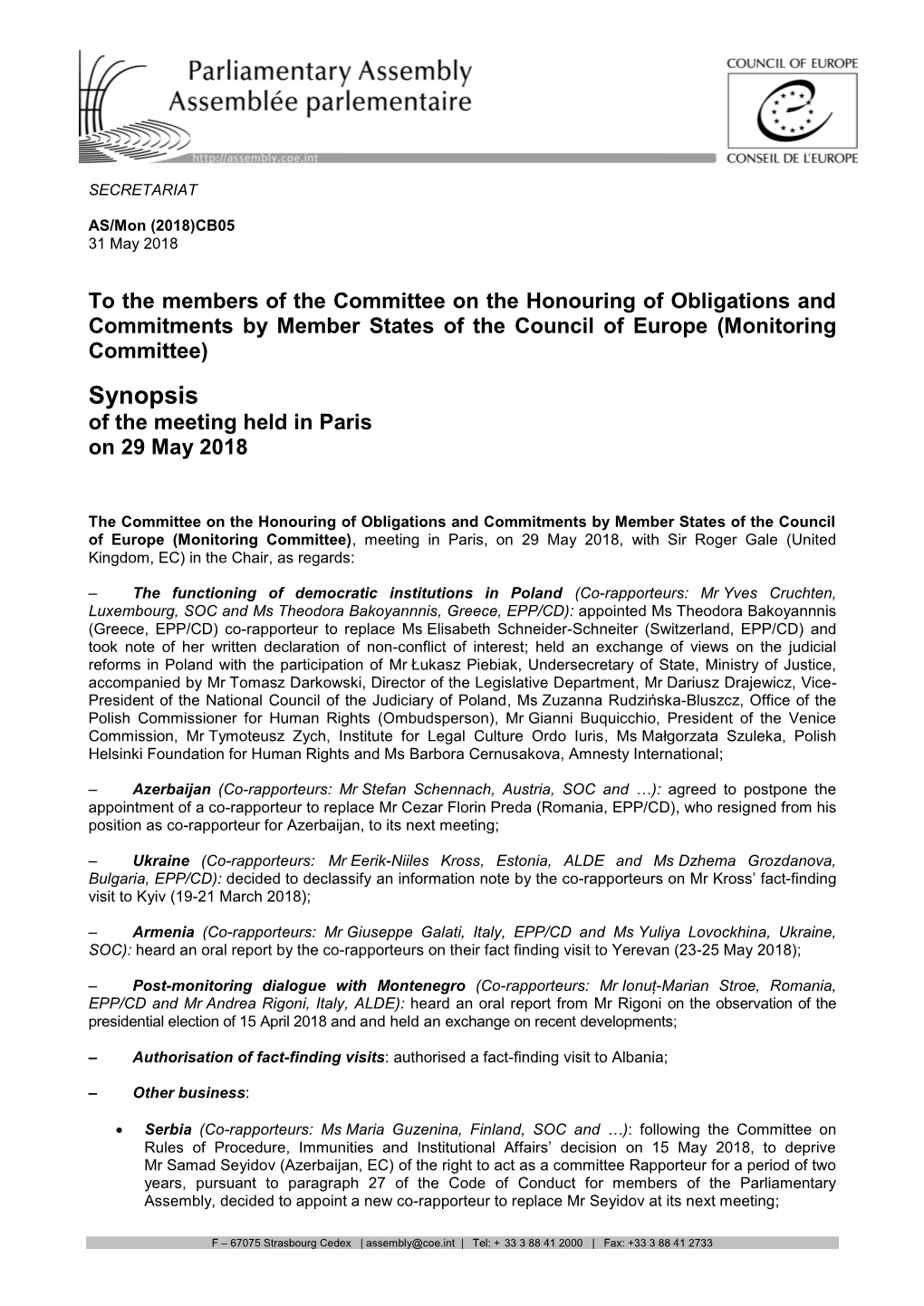Synopsis of the Meeting Held in Paris on 29 May 2018