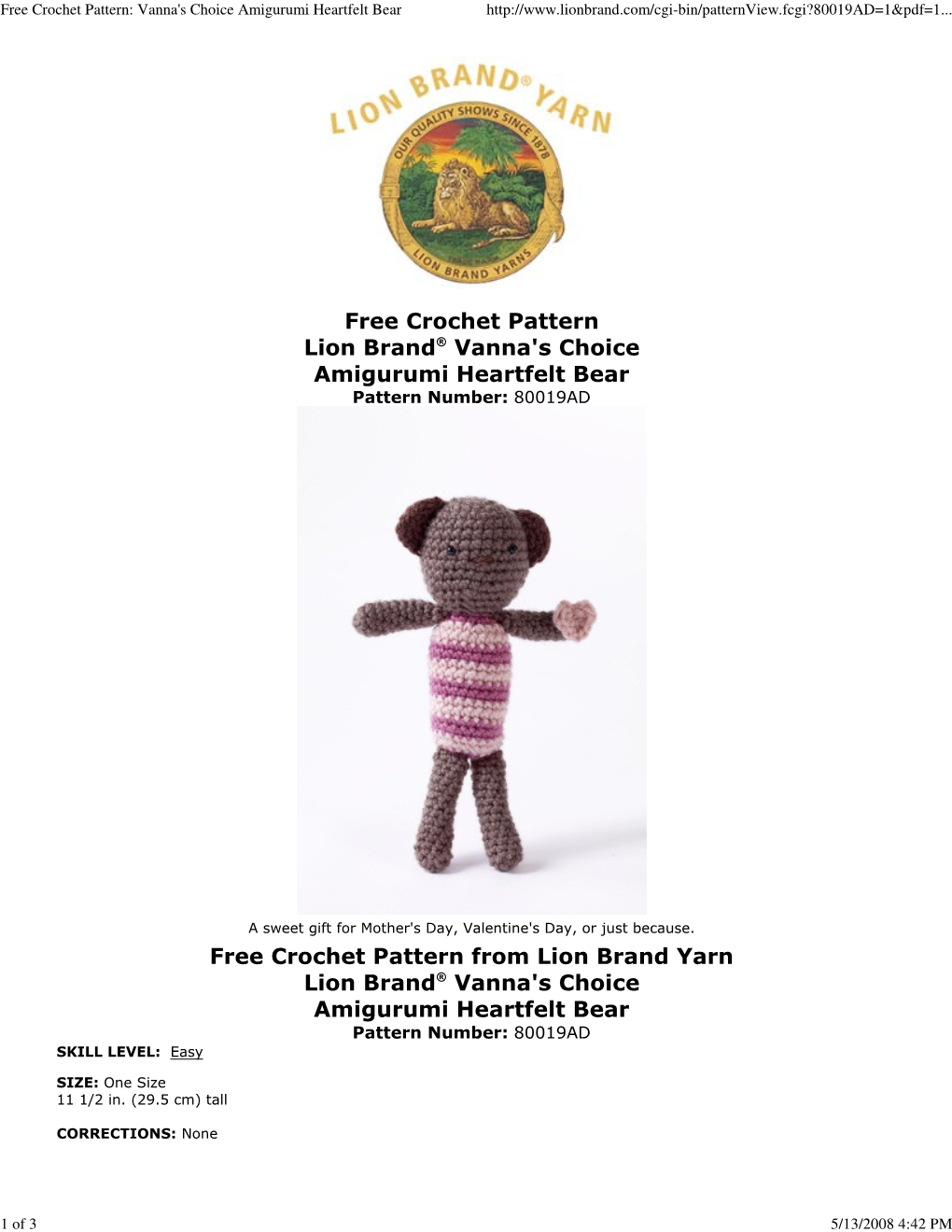 Free Crochet Pattern: Vanna's Choice Amigurumi Heartfelt Bear