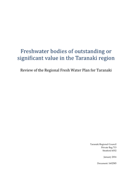 Freshwater Bodies of Outstanding Or Significant Value in the Taranaki Region