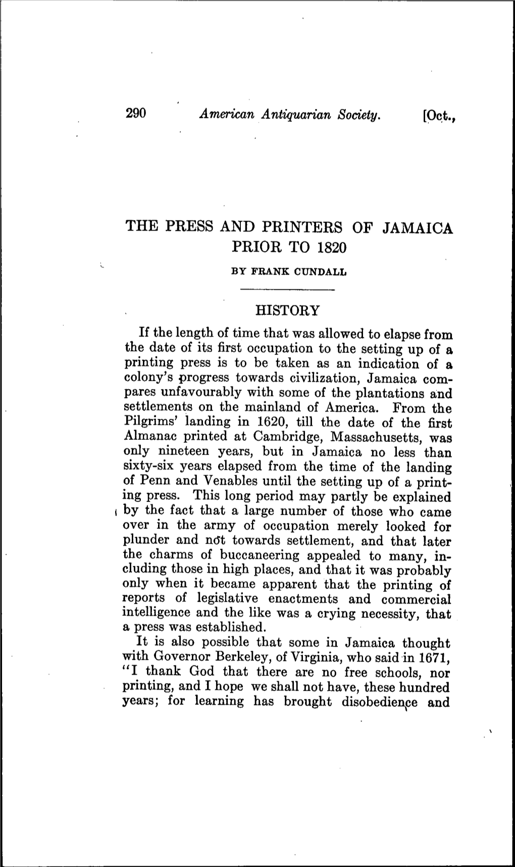 The Press and Printers of Jamaica Prior to 1820 by Fbank Cundall