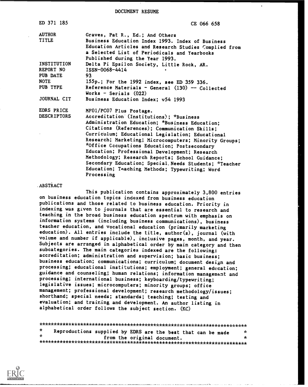 And Others TITLE Business Education Index 1993. Index of Busin