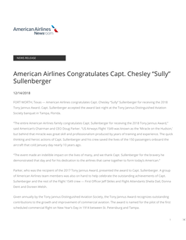 American Airlines Congratulates Capt. Chesley “Sully” Sullenberger