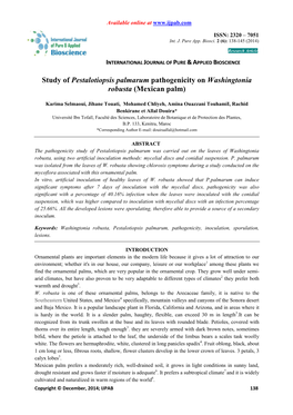 Study of Pestalotiopsis Palmarum Pathogenicity on Washingtonia Robusta (Mexican Palm)