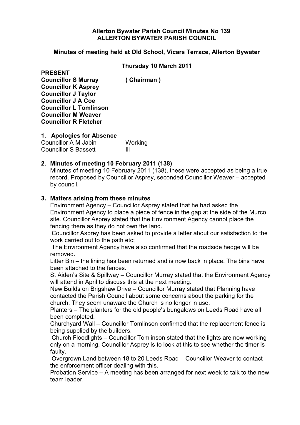 Allerton Bywater Parish Council Minutes No 54