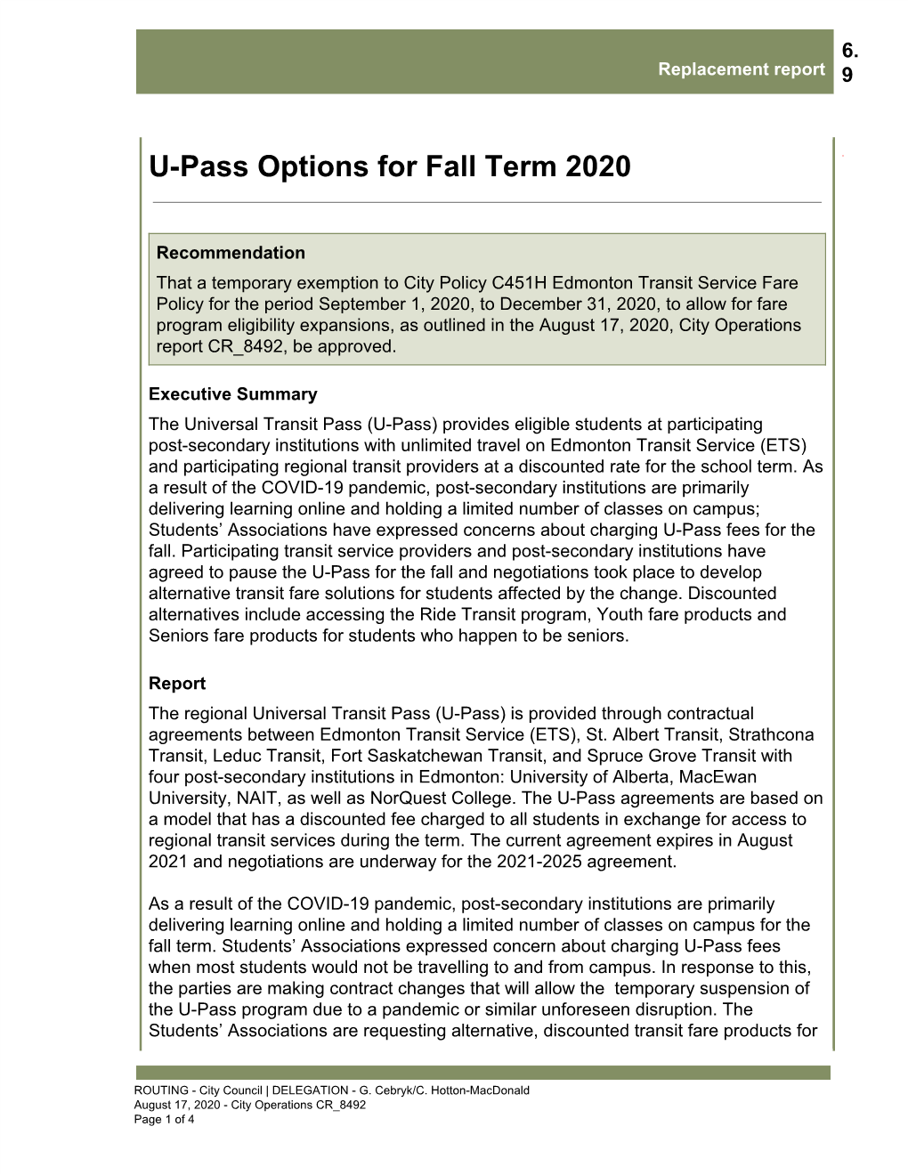 U-Pass Options for Fall Term 2020