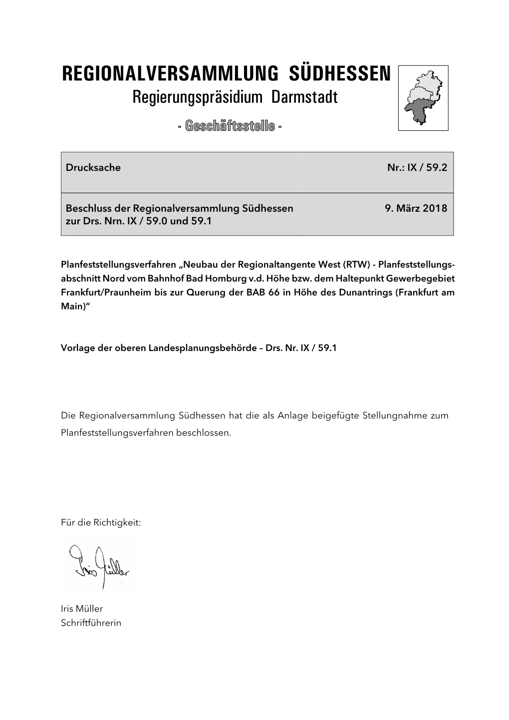 Drucksache Nr.: IX / 59.2 Beschluss Der Regionalversammlung